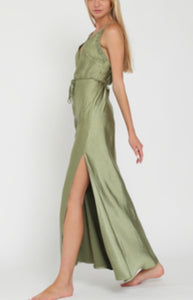 Lace Trim Belted Slip Satin Dress - Olive Green