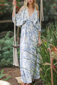 Kimono Open Sleeve Maxi Dress - Light Blue Print