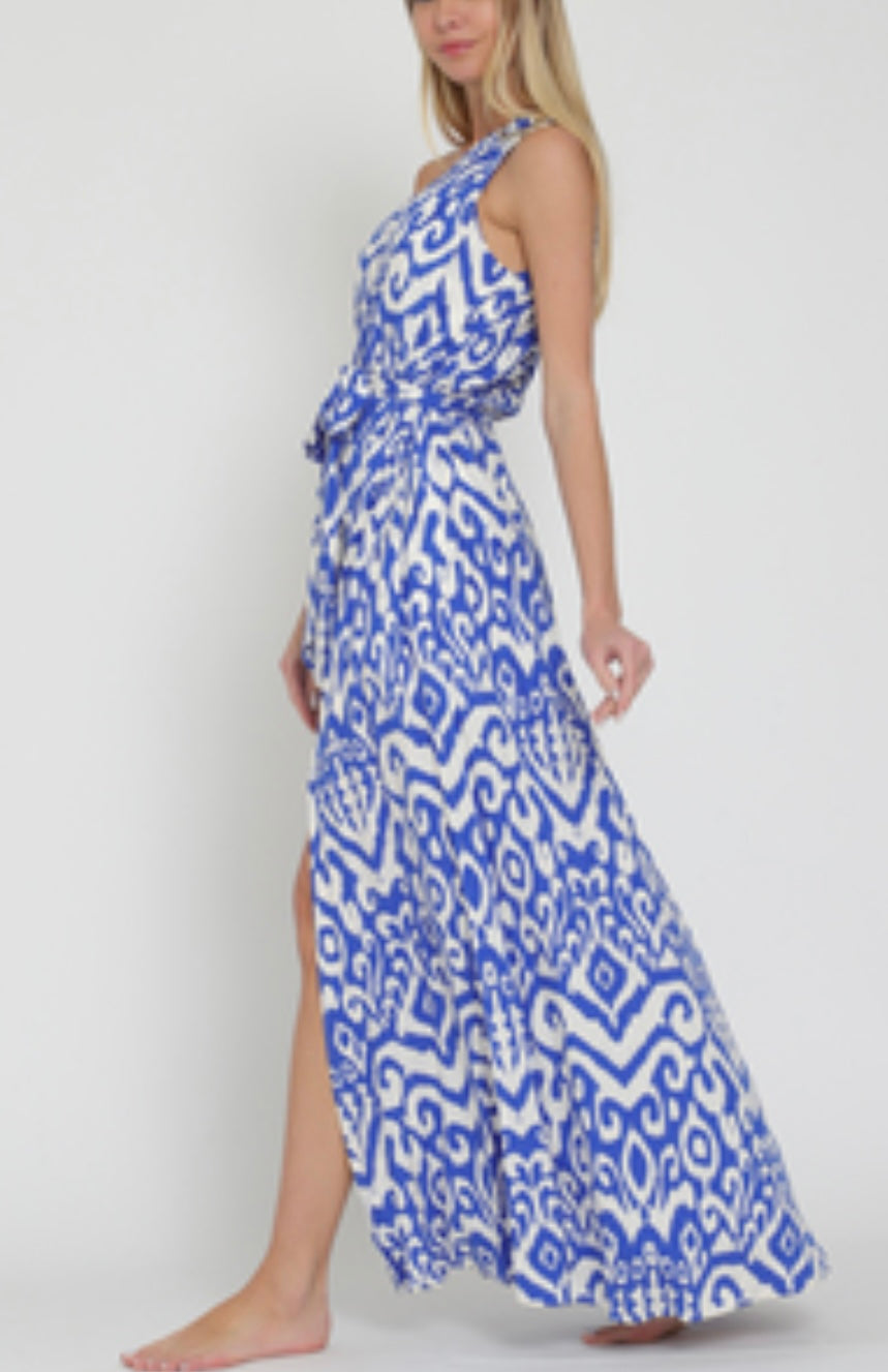One Shoulder Belted Maxi Dress - Royal Blue/White