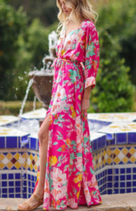 Floral Hot Pink 3/4 Sleeve Maxi Dress
