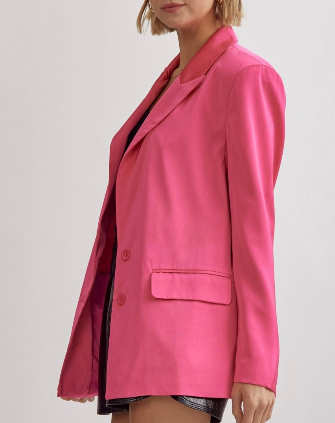 Satin Button Front Blazer - Hot Pink