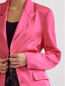 Satin Button Front Blazer - Hot Pink