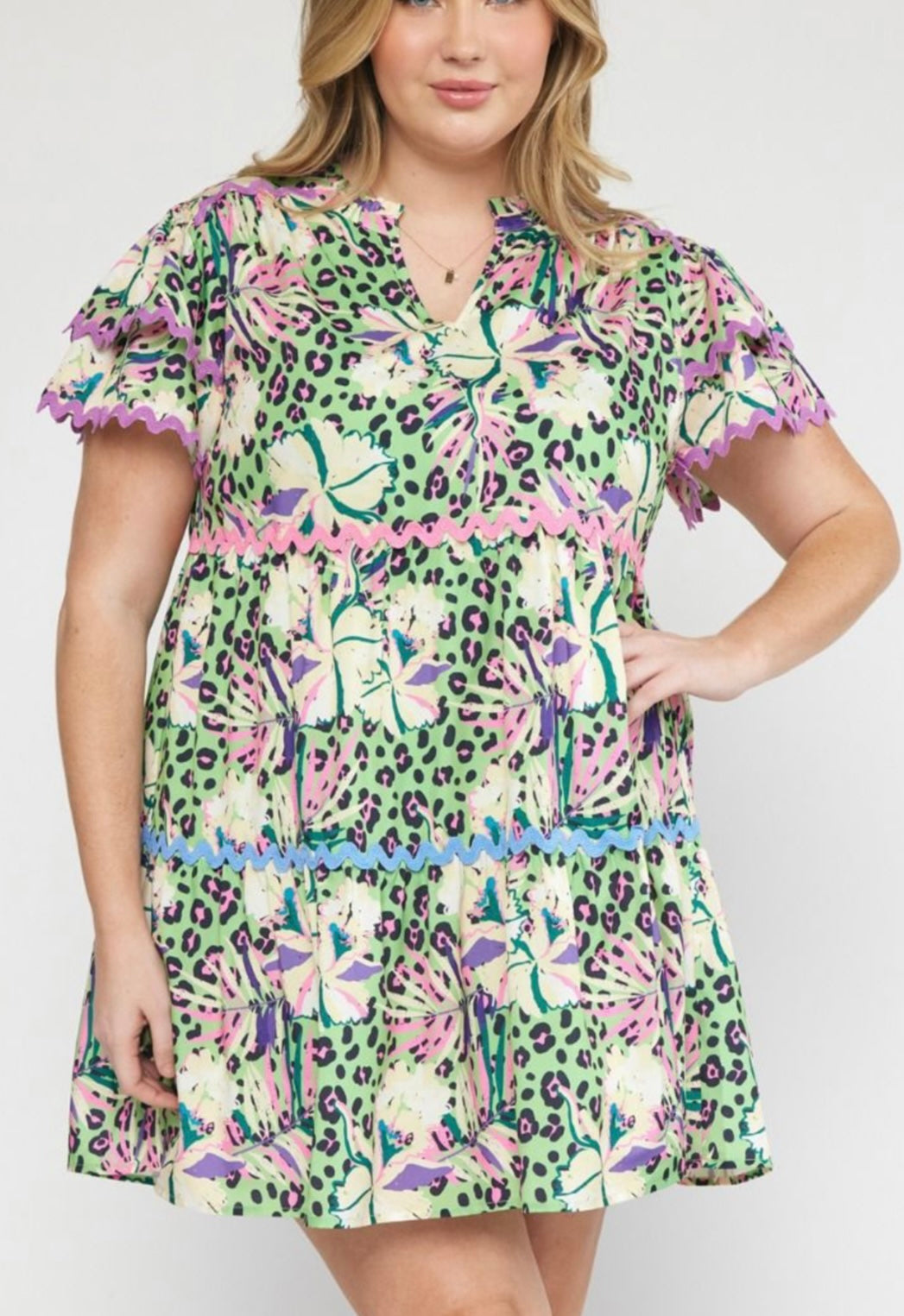 Mixed Leopard Print V-Neck Mini Dress - Plus Size