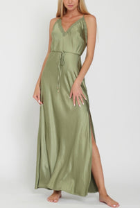 Lace Trim Belted Slip Satin Dress - Olive Green