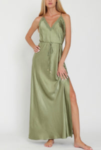 Lace Trim Belted Slip Satin Dress - Olive Green