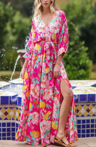 Floral Hot Pink 3/4 Sleeve Maxi Dress