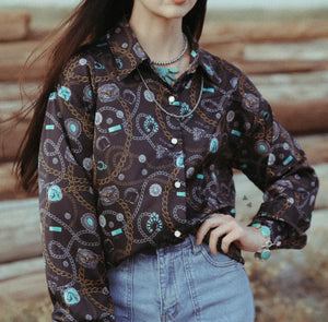 Long Sleeve Satin Concho Print Top