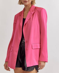 Satin Button Front Blazer - Hot Pink