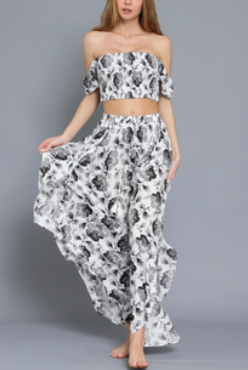 Ruffle Sleeve Tube Top Pant Set - Black/White