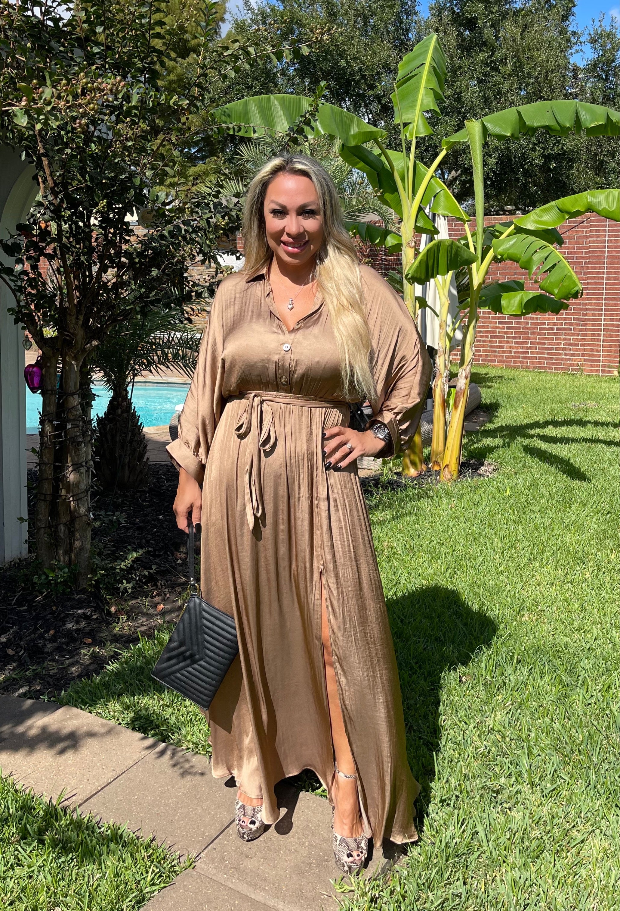 Long Sleeve Button Down Belted Maxi - Camel