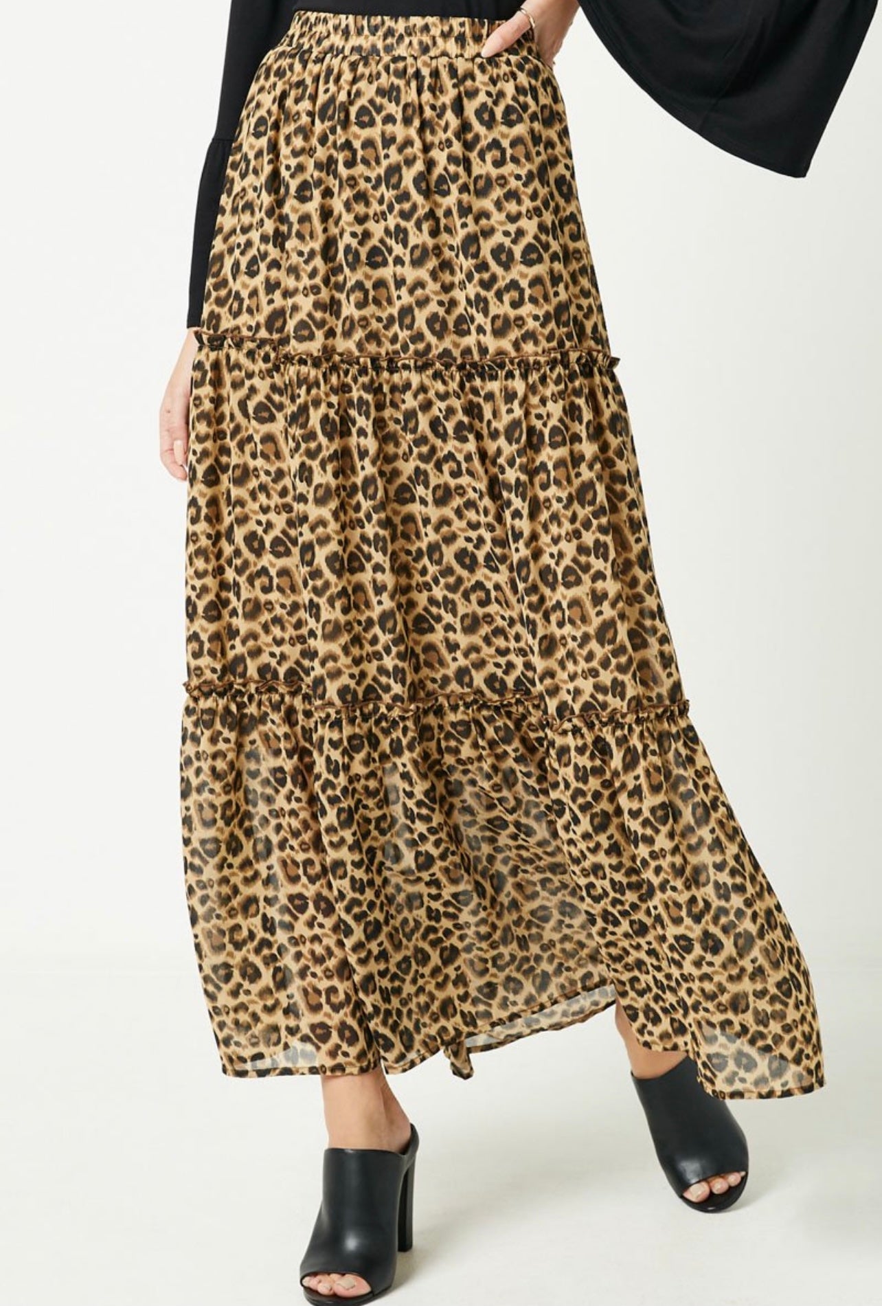 Leopard Print Ruffle Tiered Maxi Skirt