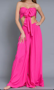 Tie Tube Top and High Waist Pant Set - Hot Pink