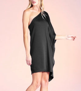 One Sleeve Draped Mini Dress - Black