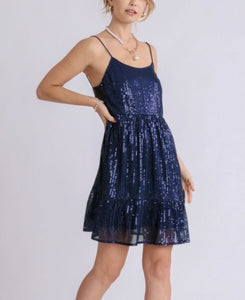 Sequin Spaghetti Strap Babydoll Dress - Blue