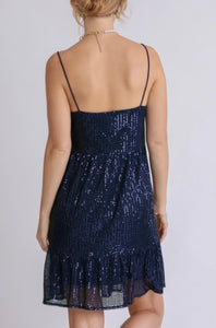 Sequin Spaghetti Strap Babydoll Dress - Blue