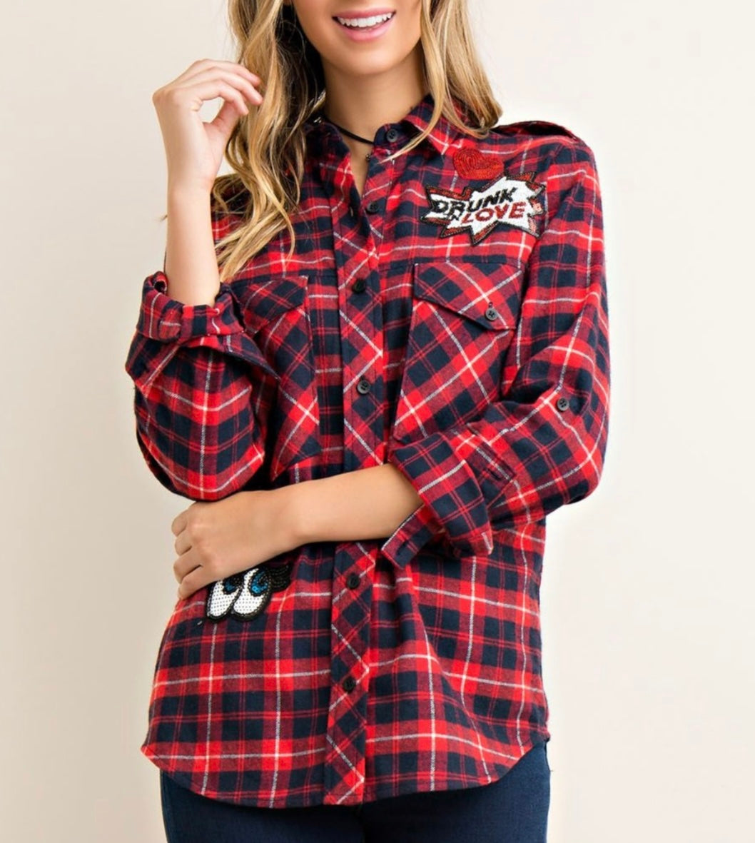 Flannel w/Sequin Patch Detail - Red