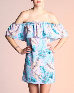 Off Shoulder Palm Leaf Print Dress - Lavender