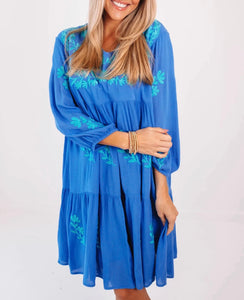 Embroidered Mini Dress with Pockets - Blue